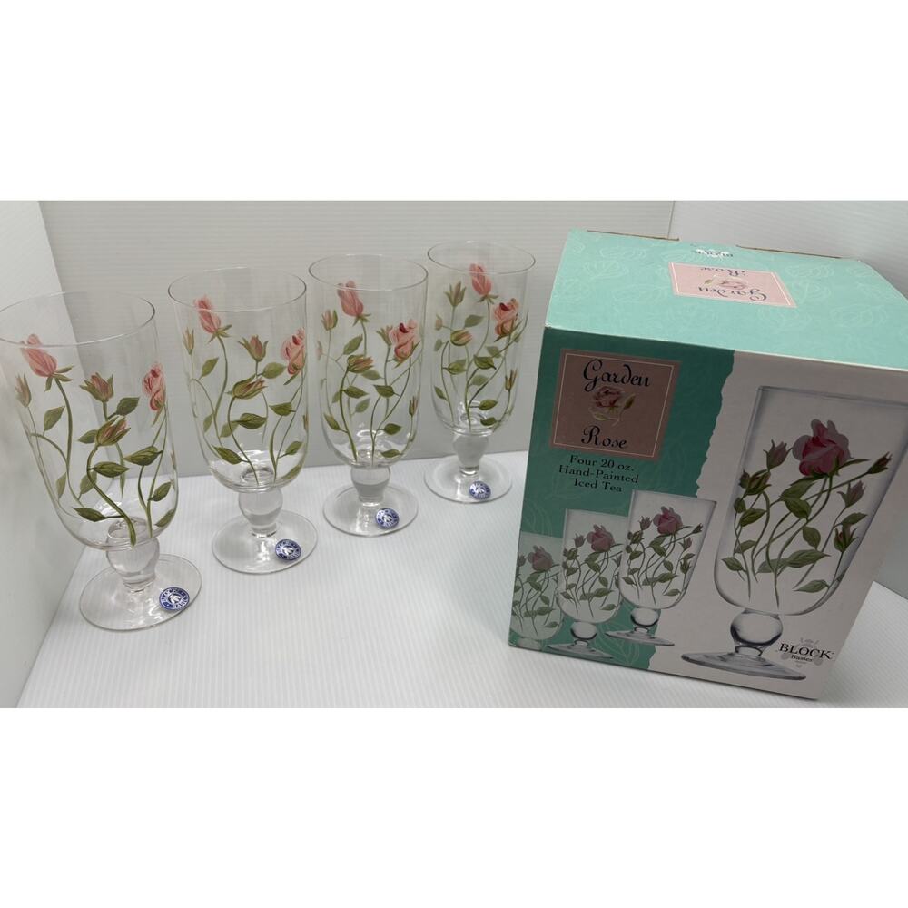 4 Beautifully Handpainted Floral Rose Garden Glasses New Box 20 Oz Block Basics